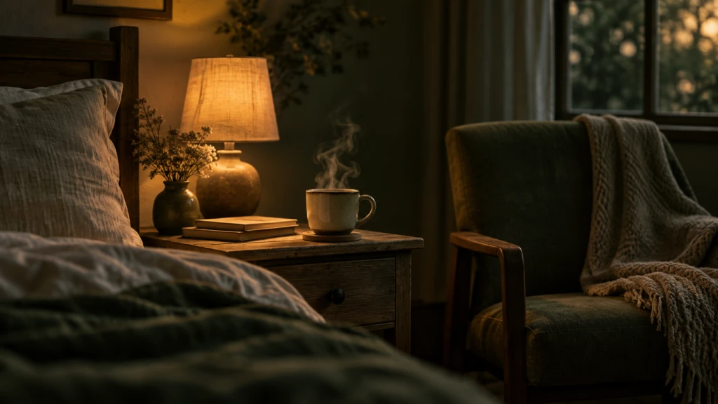 A single teacup steaming alone on a bedside table beside an empty second chair.