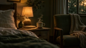 A single teacup steaming alone on a bedside table beside an empty second chair.