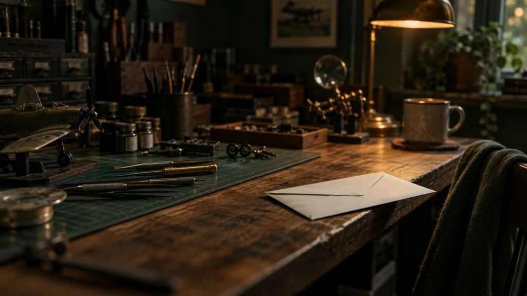 A workbench covered neatly in hobby tools, a single unopened letter pushed to its edge.