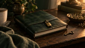 A diary with a small brass lock, one key resting nearby, untouched.