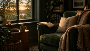 A single comfortable reading chair by a window, an open book resting on its arm.