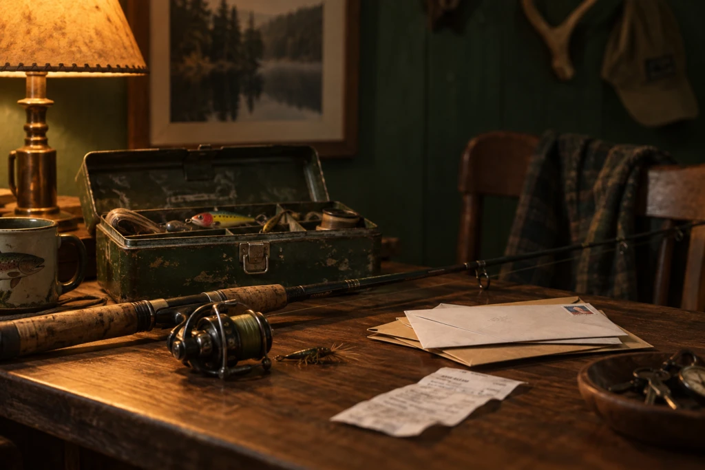 Editorial still-life of a fishing rod and tackle box beside unopened envelopes and a receipt on a wooden table, symbolizing a spouse's hobby spending.