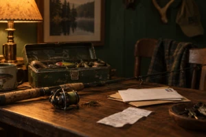 Editorial still-life of a fishing rod and tackle box beside unopened envelopes and a receipt on a wooden table, symbolizing a spouse's hobby spending.