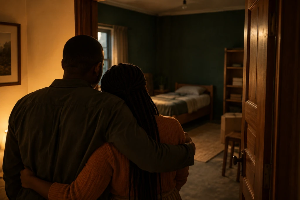 A couple seen from behind standing in a doorway looking into a dim nursery room, symbolizing disagreement about how many kids to have.