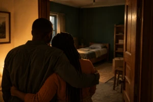 A couple seen from behind standing in a doorway looking into a dim nursery room, symbolizing disagreement about how many kids to have.