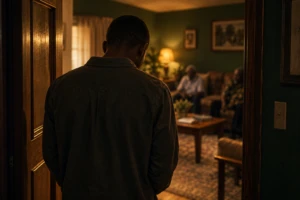 A person seen from behind standing tense in a doorway to a family living room, symbolizing acting differently around parents.