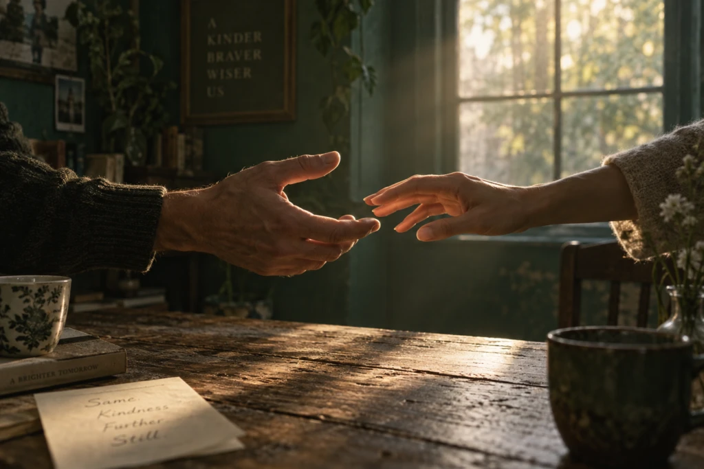 Two hands reaching toward each other across a sunlit wooden table, symbolizing reconciliation and the beginning of rebuilding trust
