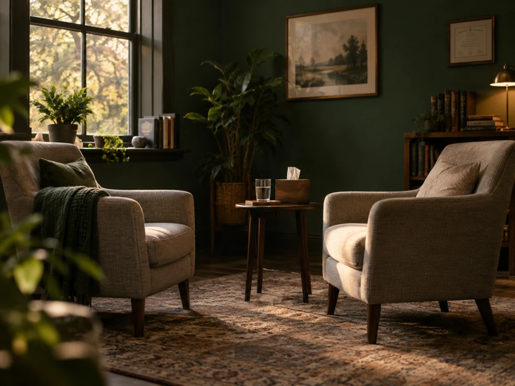 Two armchairs angled toward each other in a calm, softly lit therapy office.