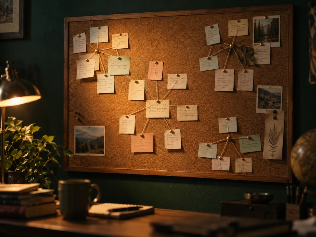 A corkboard with handwritten note cards connected by string, organized into clusters.