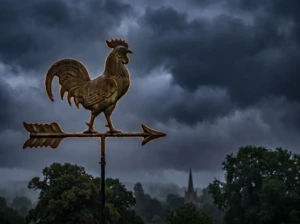 A brass weathervane silhouetted against a stormy sky, symbolizing warning signs in a marriage.