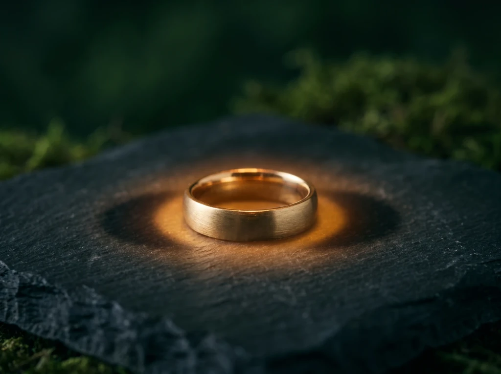 A gold wedding ring casting a faint double shadow, symbolizing the blurred line of emotional betrayal.