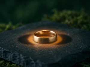 A gold wedding ring casting a faint double shadow, symbolizing the blurred line of emotional betrayal.