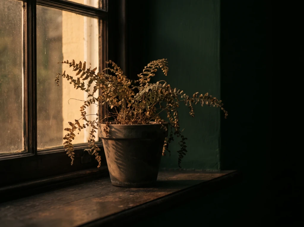 A wilting potted plant on a windowsill, symbolizing emotional neglect in a marriage.