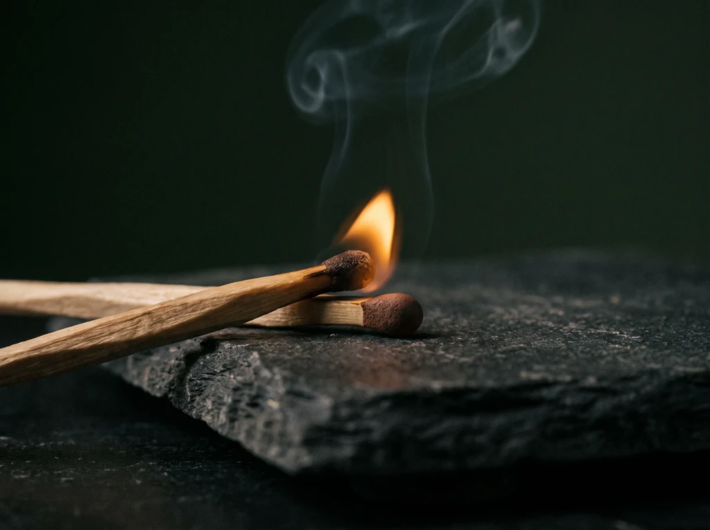 Two matches close together, one lit, symbolizing how conversations can suddenly ignite into conflict.