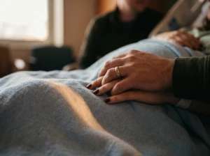 A husband's hand resting on his wife's hand as she lies in a hospital bed, a hospital wristband visible, symbolizing a health scare that changes how someone sees their marriage.