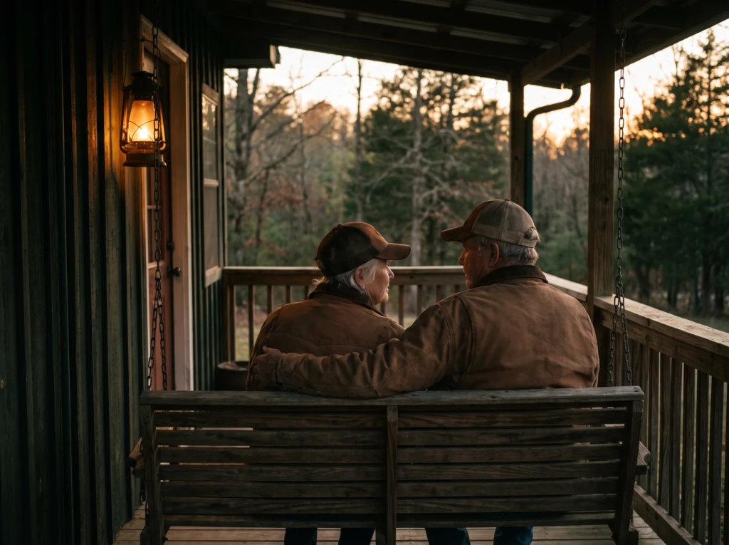An older couple sitting closely together on a porch swing at dusk, shoulders touching, symbolizing reconnecting once the kids have left home.