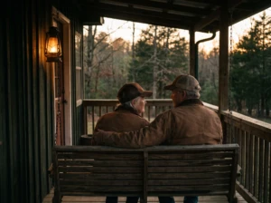 An older couple sitting closely together on a porch swing at dusk, shoulders touching, symbolizing reconnecting once the kids have left home.