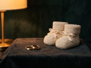 Wedding rings beside a tiny pair of baby shoes, symbolizing the shift in closeness after having children.