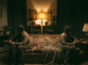 Two people sitting at opposite ends of a couch, both facing away from each other, symbolizing a couple who has stopped laughing together.