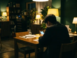 A person seen from behind at a dinner table, lit by a phone screen, with an empty chair across from them, symbolizing comparing marriage to social media.