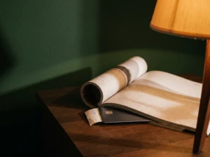 A credit card partially hidden beneath a folded magazine on a side table, symbolizing anxiety over spending a spouse conceals.