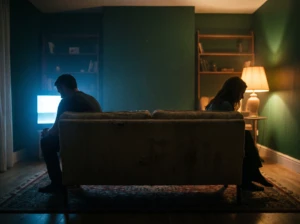 Silhouettes of a couple sitting at opposite ends of a couch in cool and warm light, symbolizing a marriage divided by political differences.