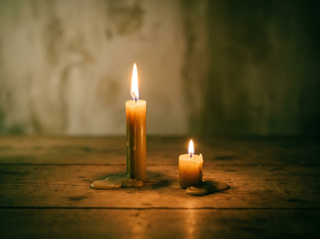 Two candles of different heights burning side by side, one taller than the other, symbolizing a shift in beliefs between spouses.