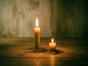 Two candles of different heights burning side by side, one taller than the other, symbolizing a shift in beliefs between spouses.