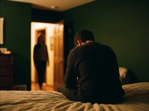 A person seen from behind sitting alone on a bed while a partner stands in a lit doorway, symbolizing distance in a marriage after a job loss.