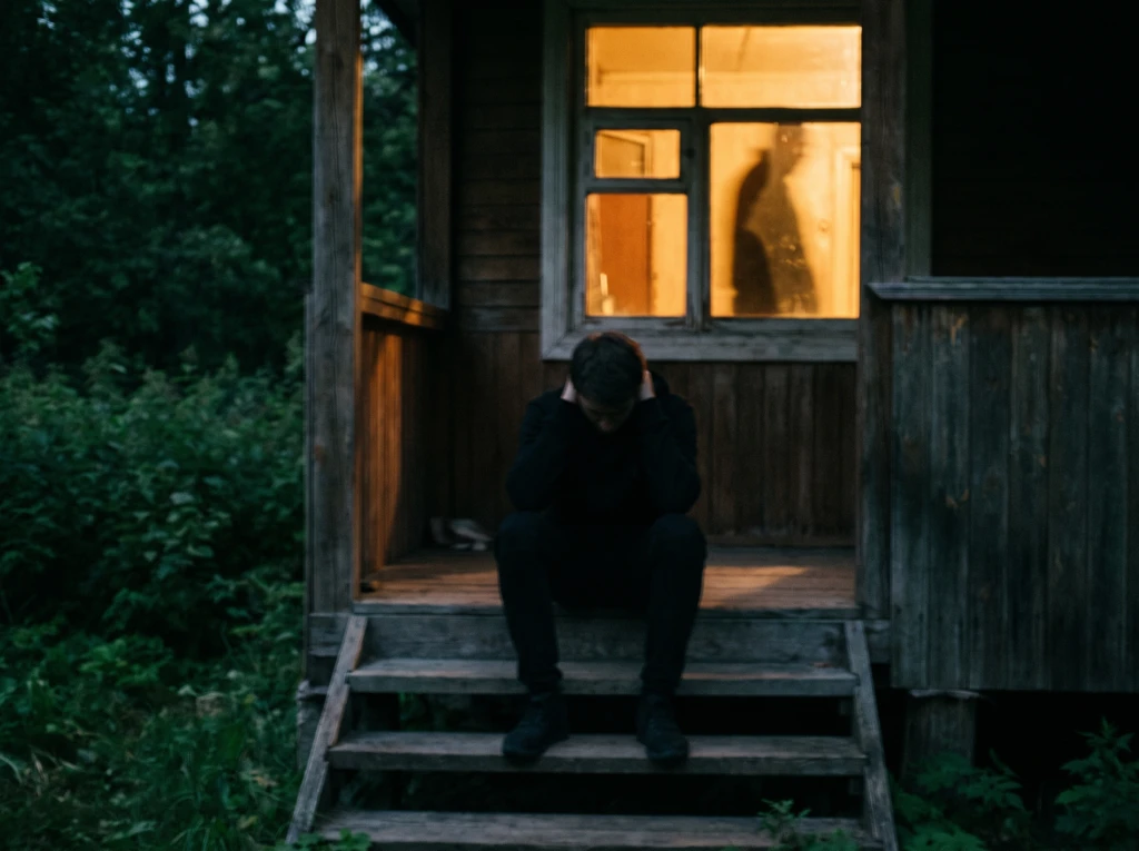 A person's silhouette sitting alone on porch steps at dusk with warm light and a second figure's shadow visible through a window behind them, symbolizing stepping away to cool down after a fight.