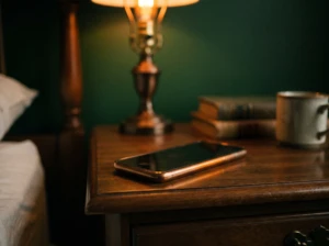 A smartphone resting on a nightstand beside a dim bedside lamp, symbolizing jealousy over a spouse's contact with an ex online.