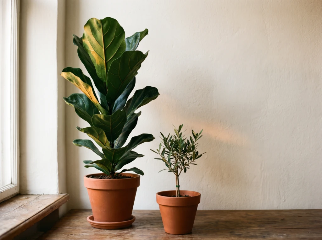 A tall, flourishing potted plant beside a smaller unchanged sapling in an identical pot, symbolizing feeling like the only one who grew emotionally in a marriage.