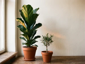 A tall, flourishing potted plant beside a smaller unchanged sapling in an identical pot, symbolizing feeling like the only one who grew emotionally in a marriage.