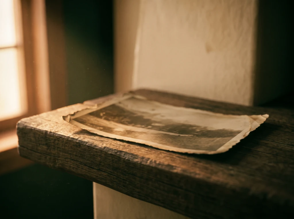 An old photograph with faded, curling edges resting on a wooden mantle, symbolizing looking back at what felt like an earlier peak in a marriage.