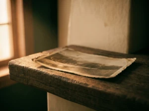 An old photograph with faded, curling edges resting on a wooden mantle, symbolizing looking back at what felt like an earlier peak in a marriage.