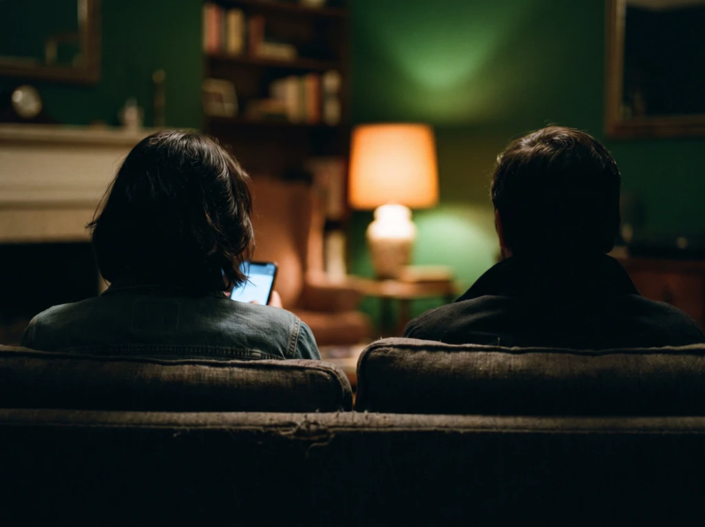 A couple seen from behind on a couch, one lit by a glowing phone screen, symbolizing a spouse who feels chosen against by screen time.