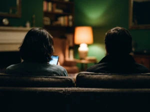 A couple seen from behind on a couch, one lit by a glowing phone screen, symbolizing a spouse who feels chosen against by screen time.