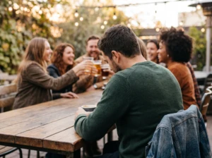 A person seen from behind sitting alone at a table while a blurred group of friends laughs together in the background, symbolizing feeling secondary to a spouse's friend group.