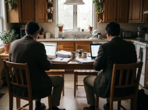 Two people seen from behind at a home dining table covered in laptops and coffee mugs like a business meeting, symbolizing a marriage that has become all logistics.