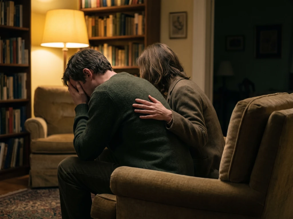 One person comforting another who has their head in their hands, a supportive hand resting on their back, symbolizing feeling responsible for a spouse's mental health.