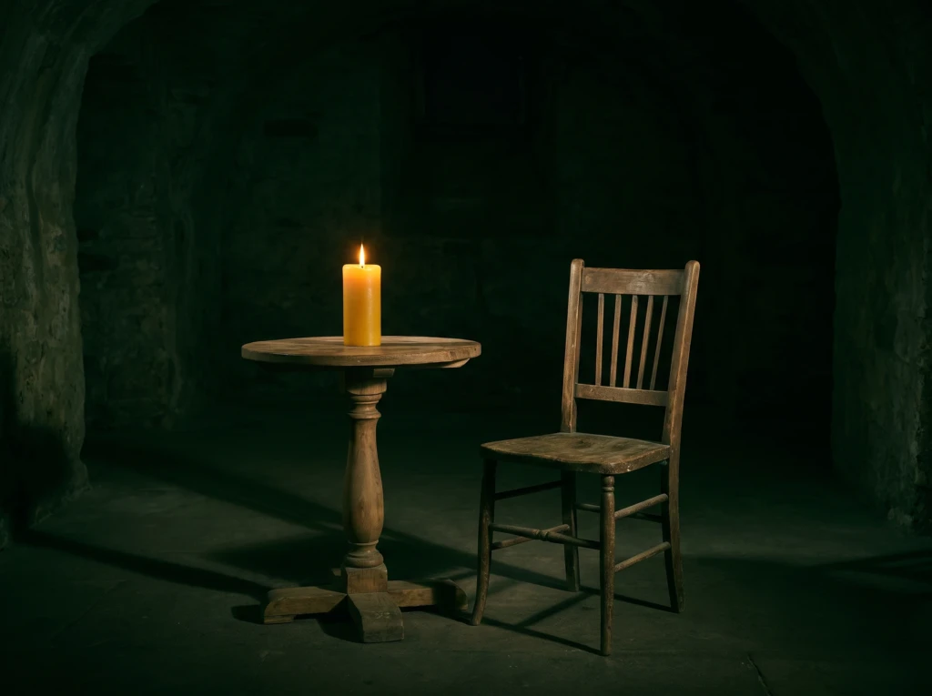 A single lit candle beside an empty chair in a vast dark room, symbolizing loneliness within marriage.