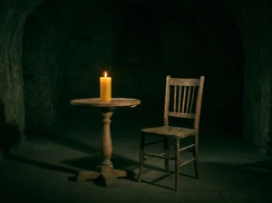 A single lit candle beside an empty chair in a vast dark room, symbolizing loneliness within marriage.