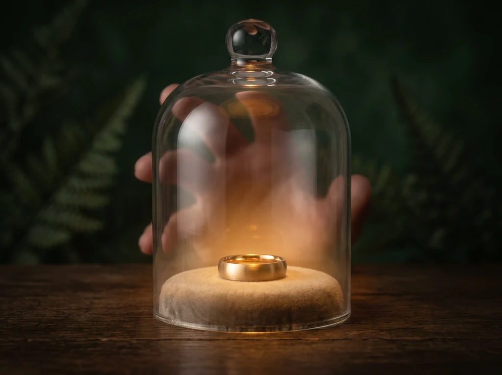 A wedding ring inside a glass bell jar with shadows of hands pressing from outside, symbolizing in-law interference.