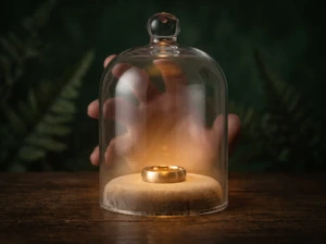 A wedding ring inside a glass bell jar with shadows of hands pressing from outside, symbolizing in-law interference.