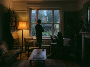 Two silhouetted figures in a dim living room, one turned away with arms crossed and the other gesturing mid-conversation, symbolizing two very different ways of arguing.
