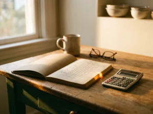 A household budget notebook open on a kitchen table beside a calculator, symbolizing a couple managing shared financial goals through different daily habits.