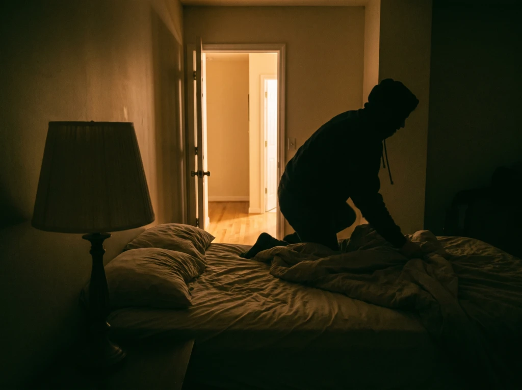A person's silhouette climbing into one side of a dim bedroom while the other side of the bed sits empty and dark, symbolizing mismatched sleep schedules in marriage.