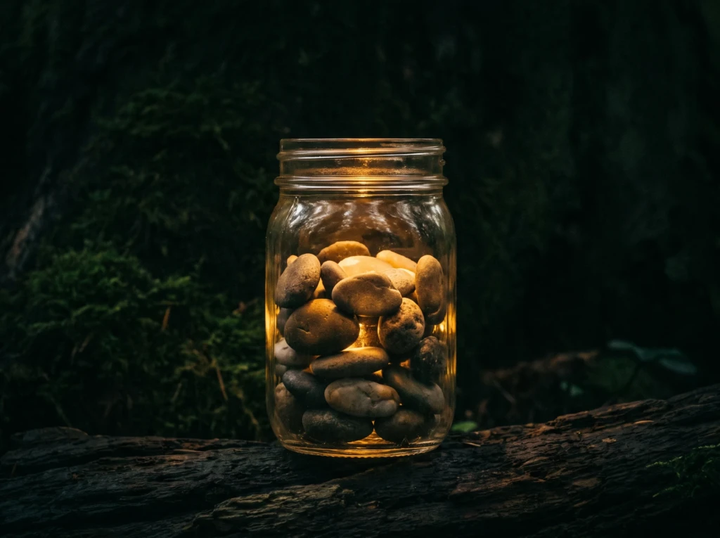 A glass jar filled with small smooth stones glowing softly, symbolizing small annoyances accumulating into resentment.