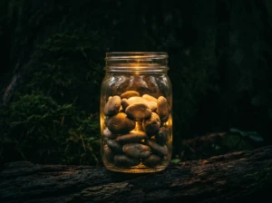 A glass jar filled with small smooth stones glowing softly, symbolizing small annoyances accumulating into resentment.