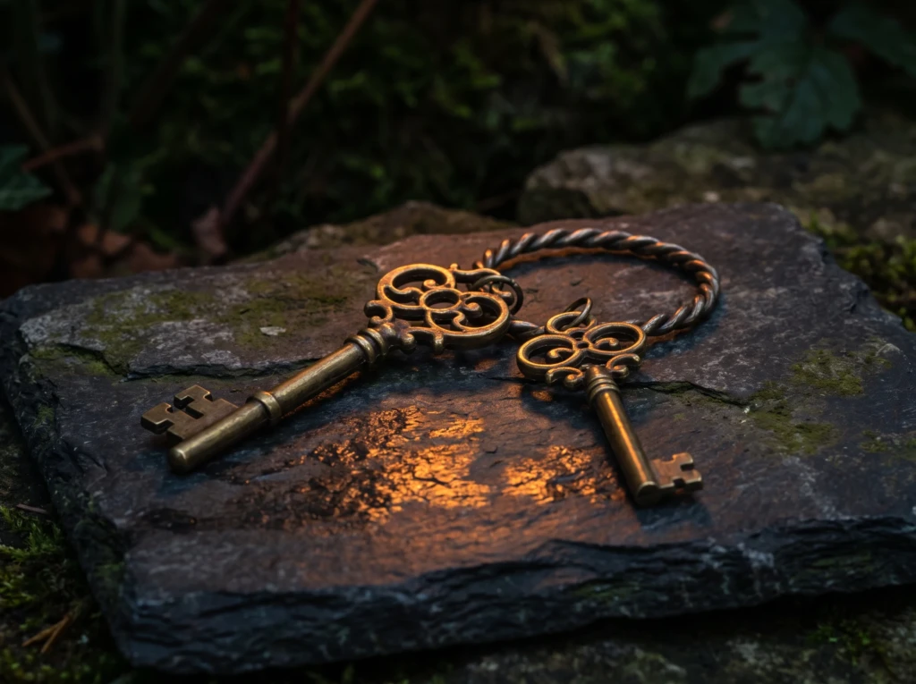 A pair of antique brass keys lying apart on dark stone, symbolizing the quiet distance of feeling like roommates instead of a married couple.